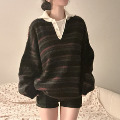 ストライプボタンオーバーフィットニット(5color) BLACK