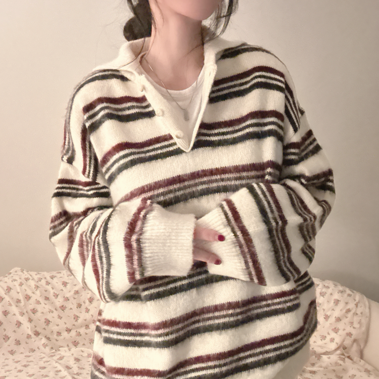 ストライプボタンオーバーフィットニット(5color) IVORY