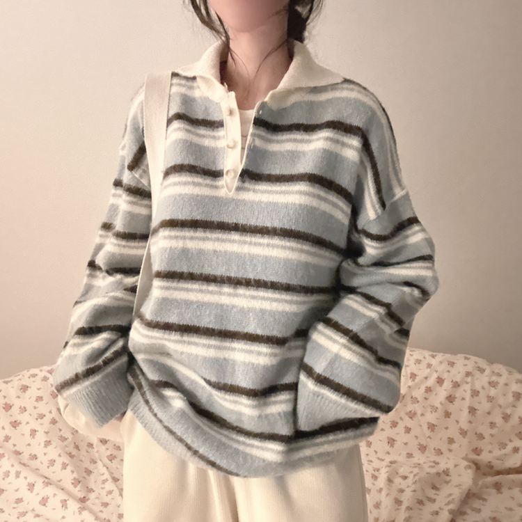 ストライプボタンオーバーフィットニット(5color) SKY BLUE