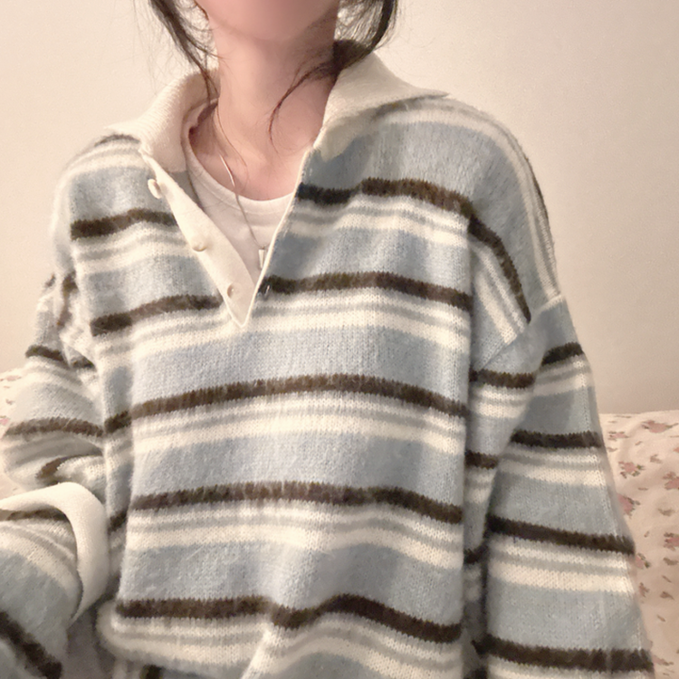 ストライプボタンオーバーフィットニット(5color) SKY BLUE