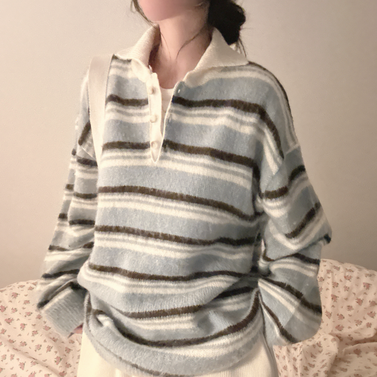 ストライプボタンオーバーフィットニット(5color) SKY BLUE