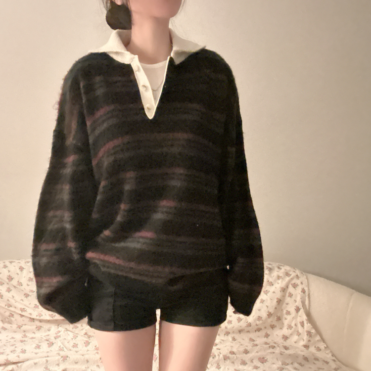 ストライプボタンオーバーフィットニット(5color) BLACK