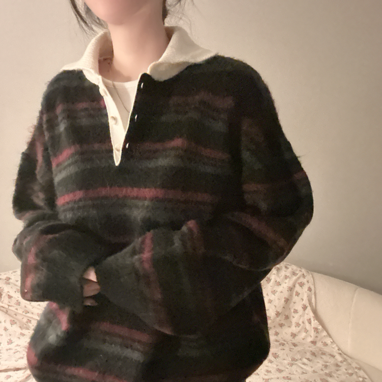 ストライプボタンオーバーフィットニット(5color) BLACK