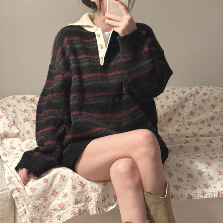 ストライプボタンオーバーフィットニット(5color) BLACK