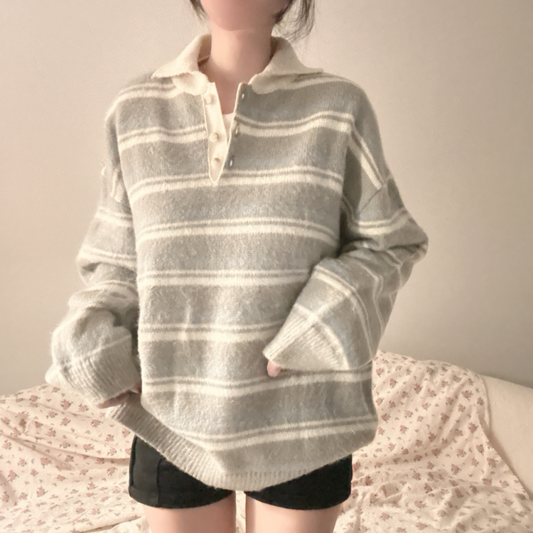 ストライプボタンオーバーフィットニット(5color) GREY