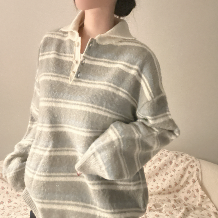 ストライプボタンオーバーフィットニット(5color) GREY