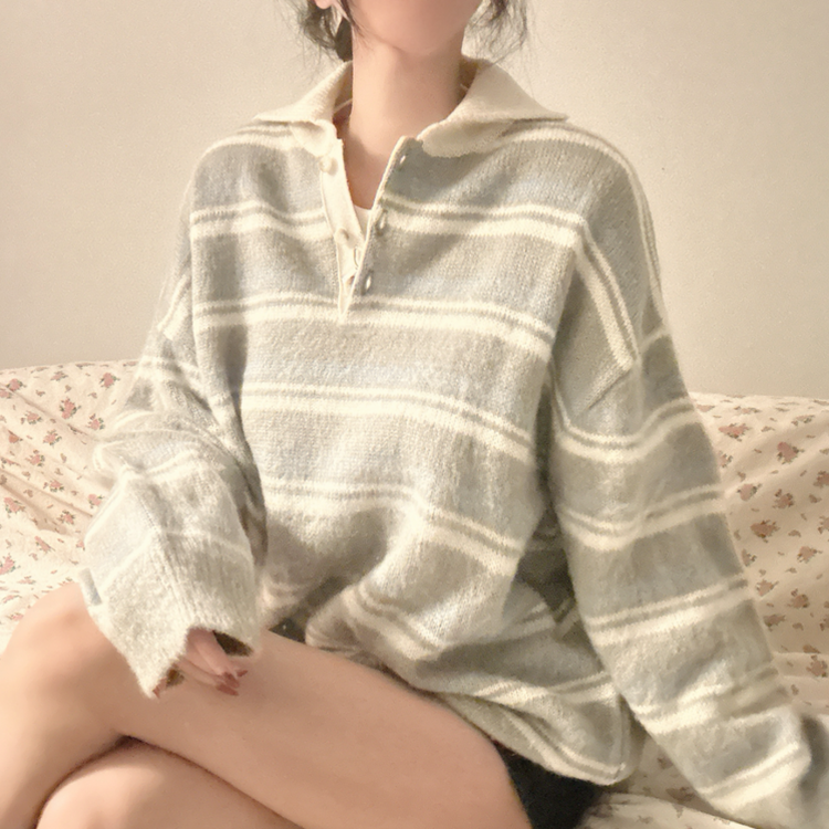 ストライプボタンオーバーフィットニット(5color) GREY