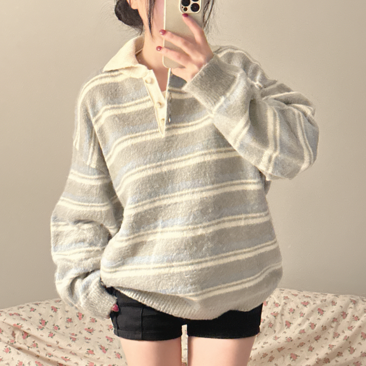 ストライプボタンオーバーフィットニット(5color) GREY