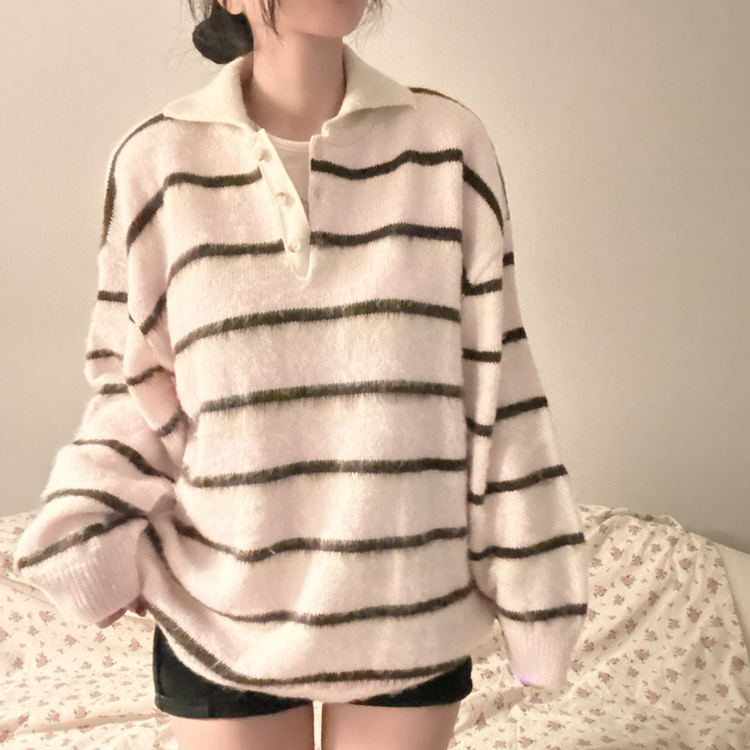ストライプボタンオーバーフィットニット(5color) PINK