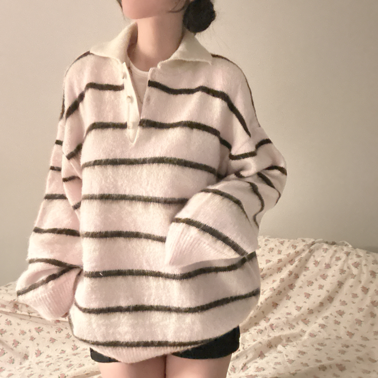 ストライプボタンオーバーフィットニット(5color) PINK