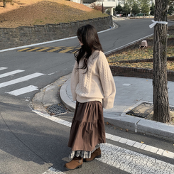 レイヤードチェックマキシロングスカート BROWN