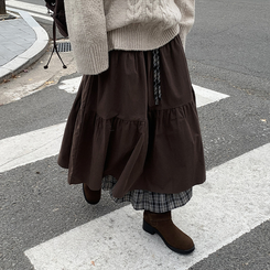 レイヤードチェックマキシロングスカート BROWN