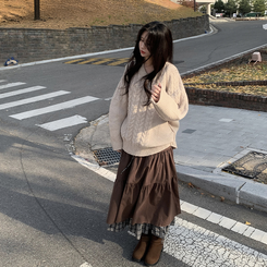 レイヤードチェックマキシロングスカート BROWN