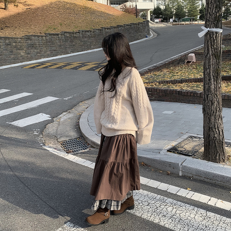 レイヤードチェックマキシロングスカート BROWN