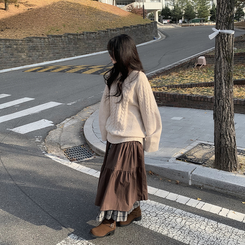 ケーブルVネックロングニット BEIGE