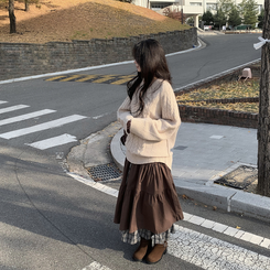 ケーブルVネックロングニット BEIGE