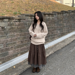 ケーブルVネックロングニット BEIGE