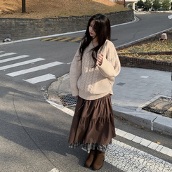 ケーブルVネックロングニット BEIGE