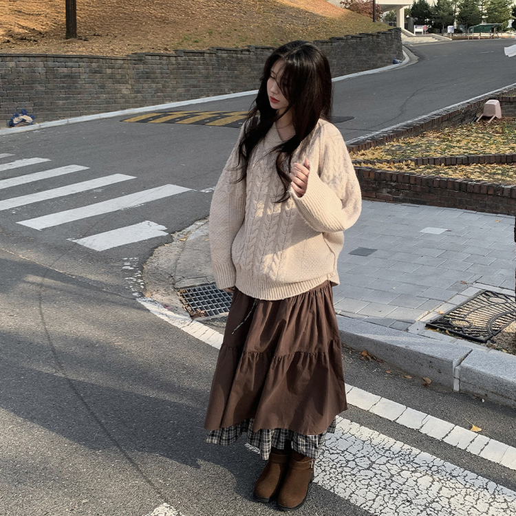 ケーブルVネックロングニット BEIGE