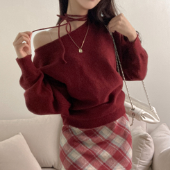 リボンボートネックオフショルダーニット(5color) RED