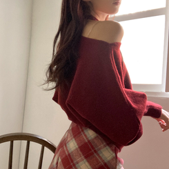 リボンボートネックオフショルダーニット(5color) RED