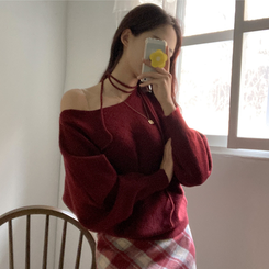 リボンボートネックオフショルダーニット(5color) RED