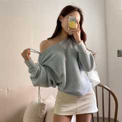 リボンボートネックオフショルダーニット(5color) SKY BLUE
