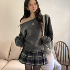 リボンボートネックオフショルダーニット(5color) GREY