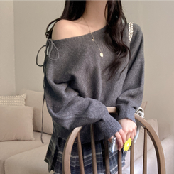 リボンボートネックオフショルダーニット(5color) GREY