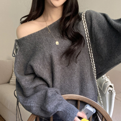 リボンボートネックオフショルダーニット(5color) GREY