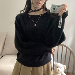 リボンボートネックオフショルダーニット(5color) BLACK