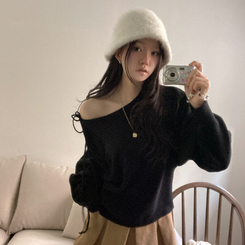 リボンボートネックオフショルダーニット(5color) BLACK