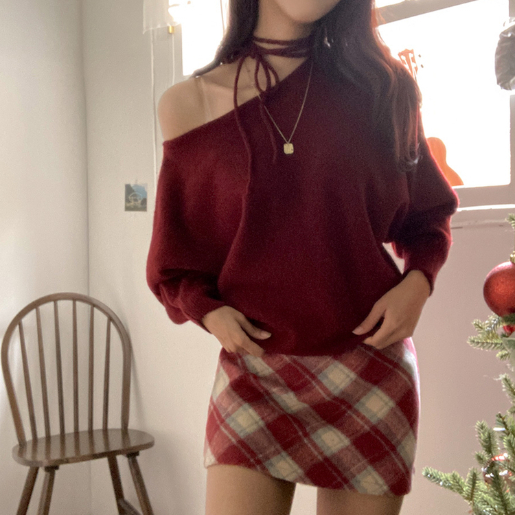 リボンボートネックオフショルダーニット(5color) RED