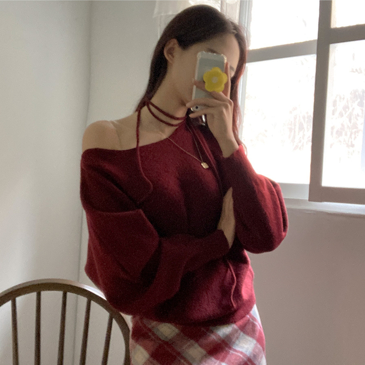 リボンボートネックオフショルダーニット(5color) RED