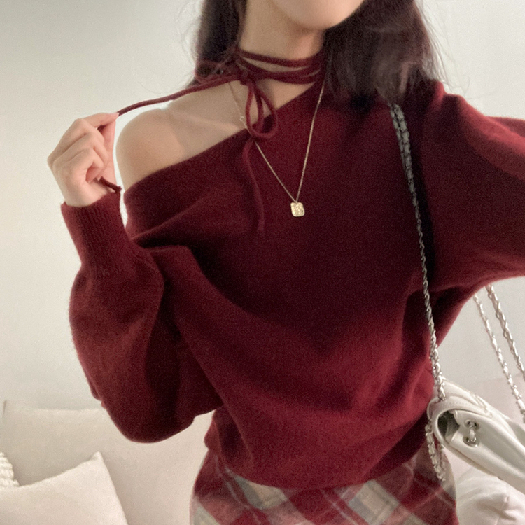 リボンボートネックオフショルダーニット(5color) RED