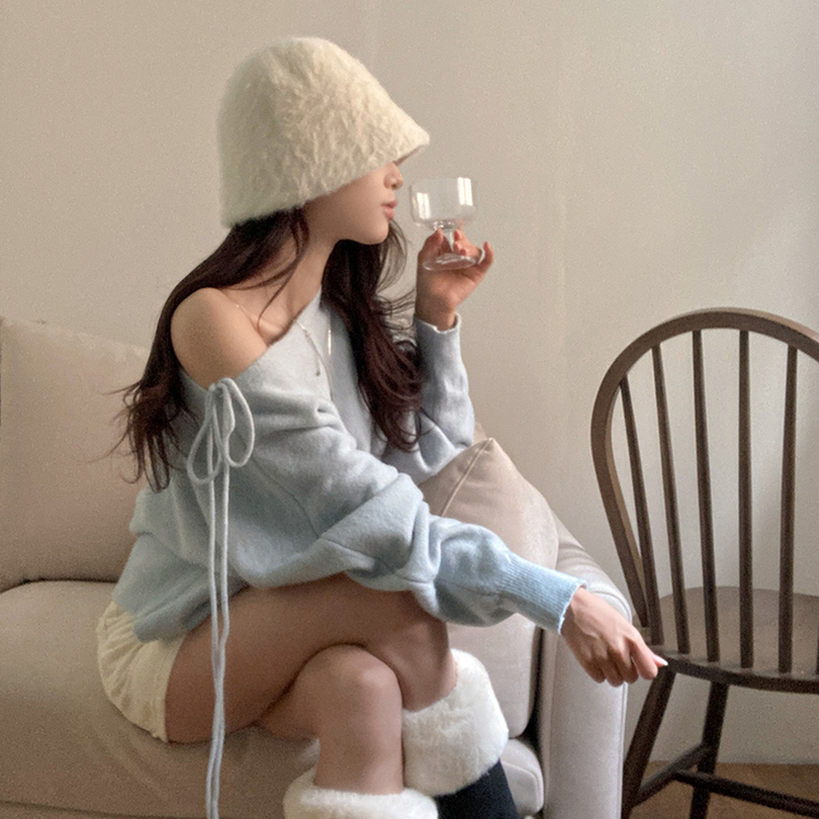 リボンボートネックオフショルダーニット(5color) SKY BLUE