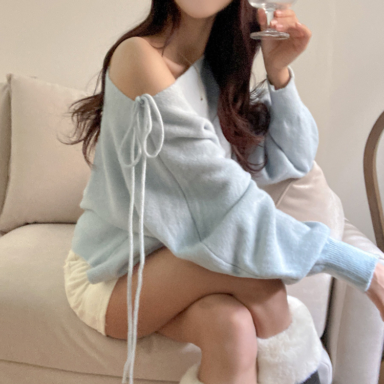 リボンボートネックオフショルダーニット(5color) SKY BLUE