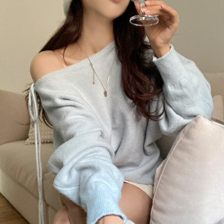 リボンボートネックオフショルダーニット(5color) SKY BLUE