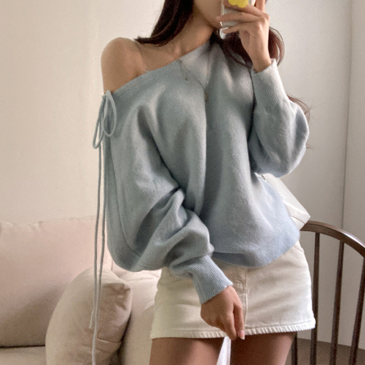 リボンボートネックオフショルダーニット(5color) SKY BLUE