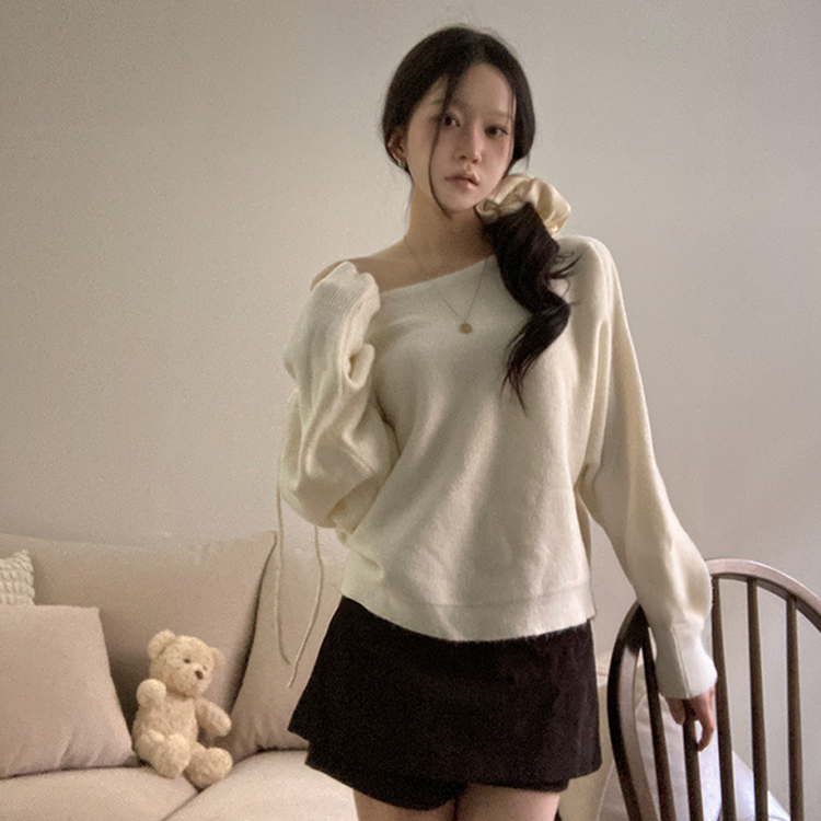 リボンボートネックオフショルダーニット(5color) IVORY