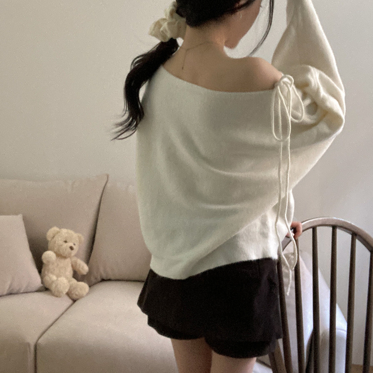 リボンボートネックオフショルダーニット(5color) IVORY