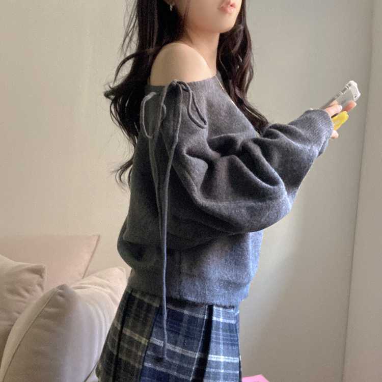 リボンボートネックオフショルダーニット(5color) GREY