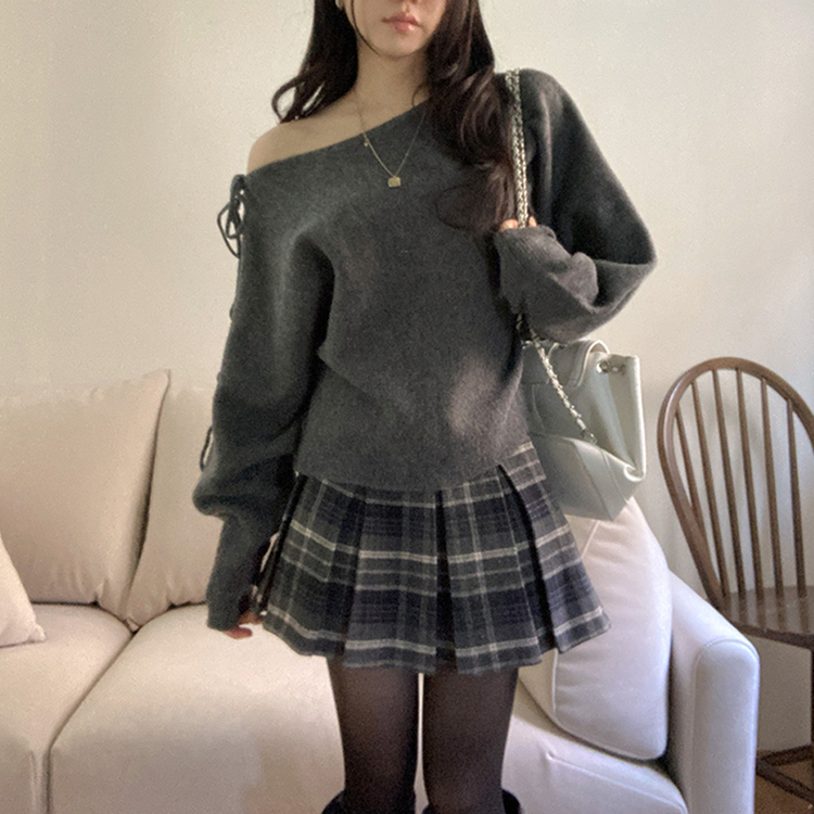 リボンボートネックオフショルダーニット(5color) GREY