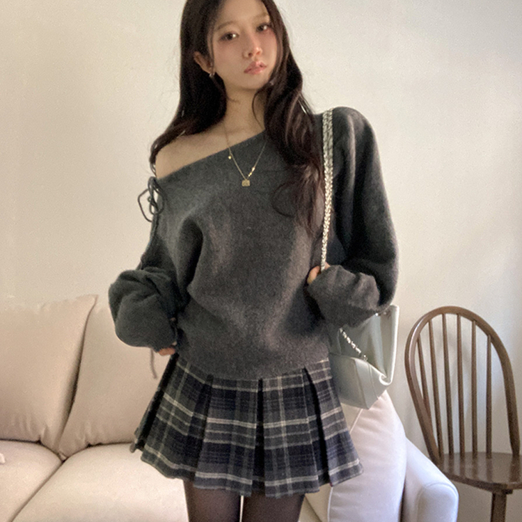 リボンボートネックオフショルダーニット(5color) GREY