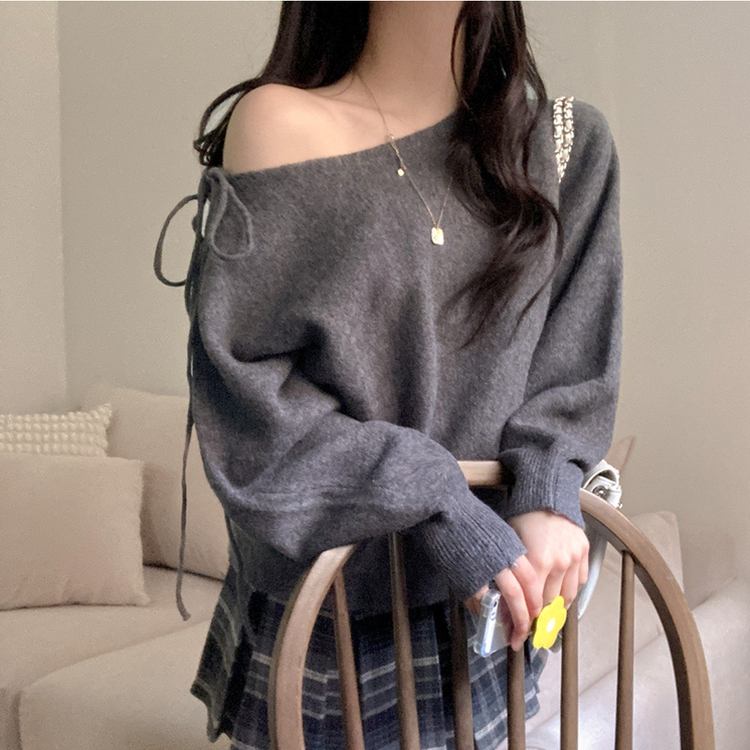 リボンボートネックオフショルダーニット(5color) GREY