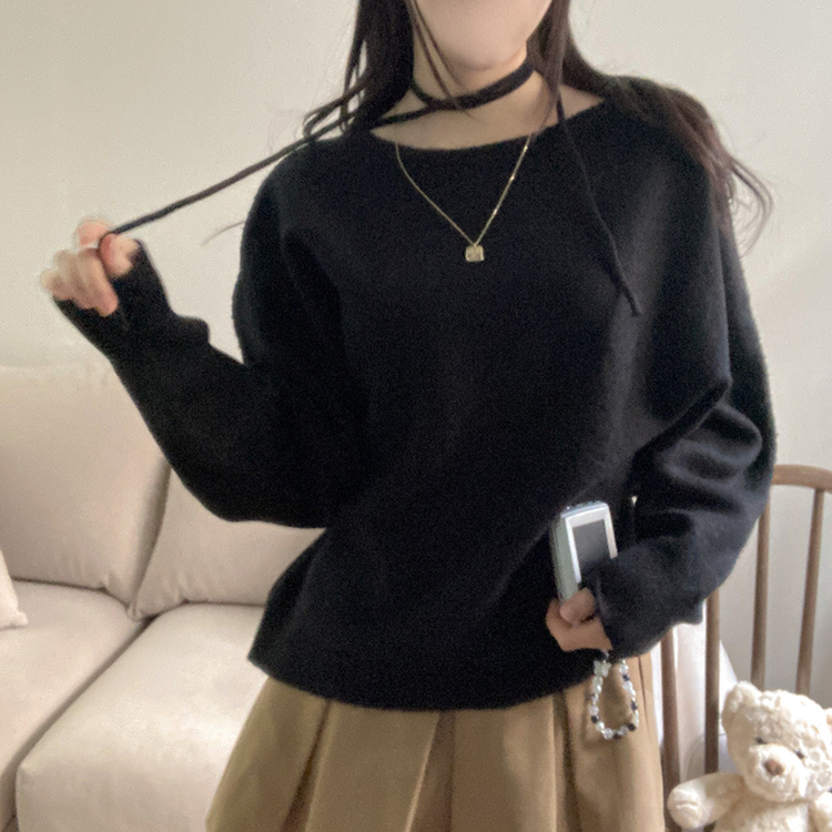 リボンボートネックオフショルダーニット(5color) BLACK