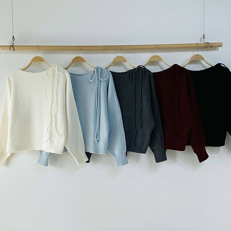 リボンボートネックオフショルダーニット(5color)