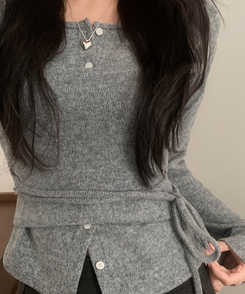 베로나 기모 리본 레이어드 여리핏 니트탑 버튼가디건 셋업 그레이
