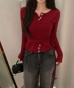 베로나 기모 리본 레이어드 여리핏 니트탑 버튼가디건 셋업 와인