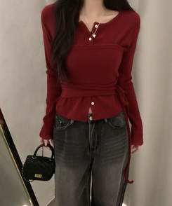 베로나 기모 리본 레이어드 여리핏 니트탑 버튼가디건 셋업 와인